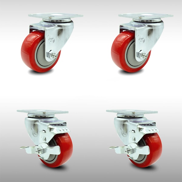 3 Inch SS Red Polyurethane Swivel Top Plate Caster Set with 2 Brakes SCC